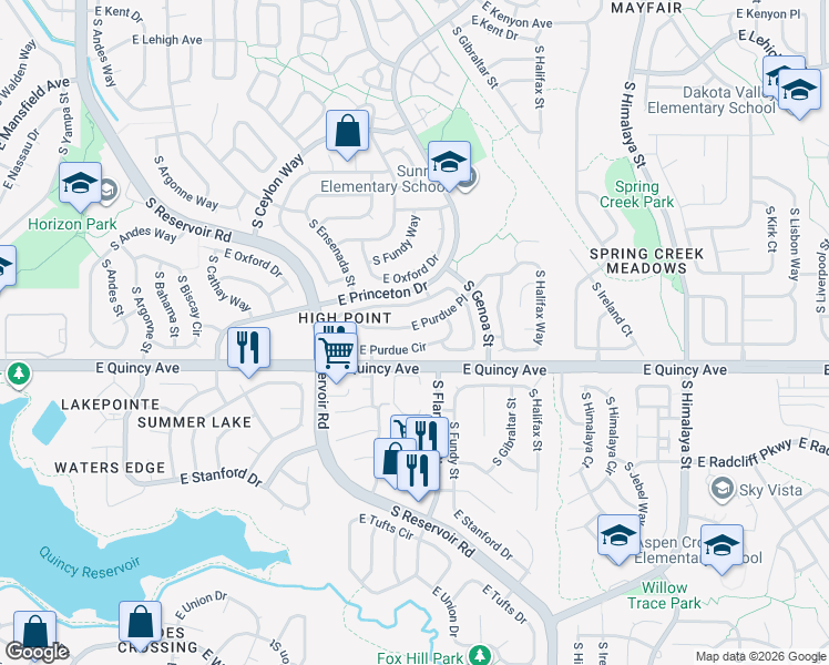map of restaurants, bars, coffee shops, grocery stores, and more near 19509 East Purdue Circle in Aurora
