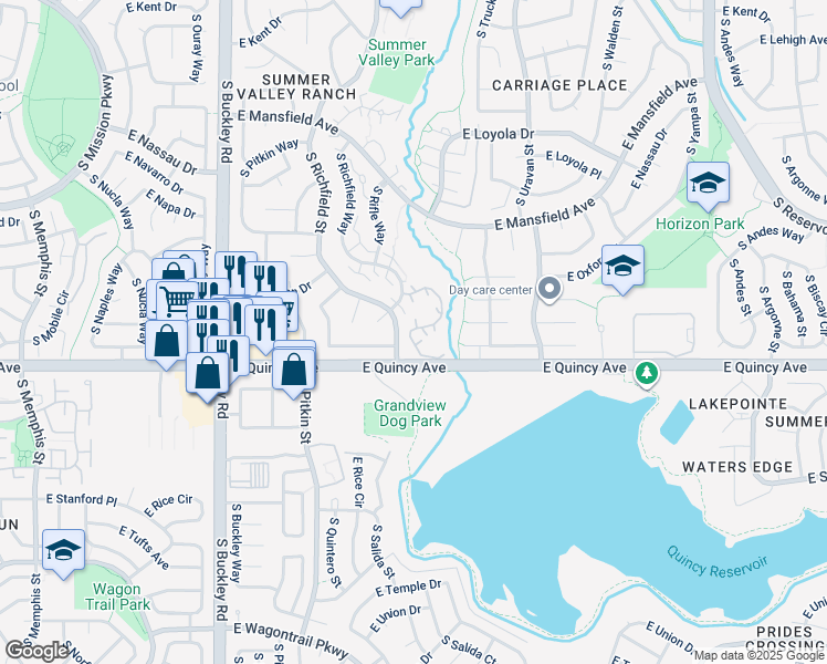 map of restaurants, bars, coffee shops, grocery stores, and more near 4290 South Richfield Street in Aurora