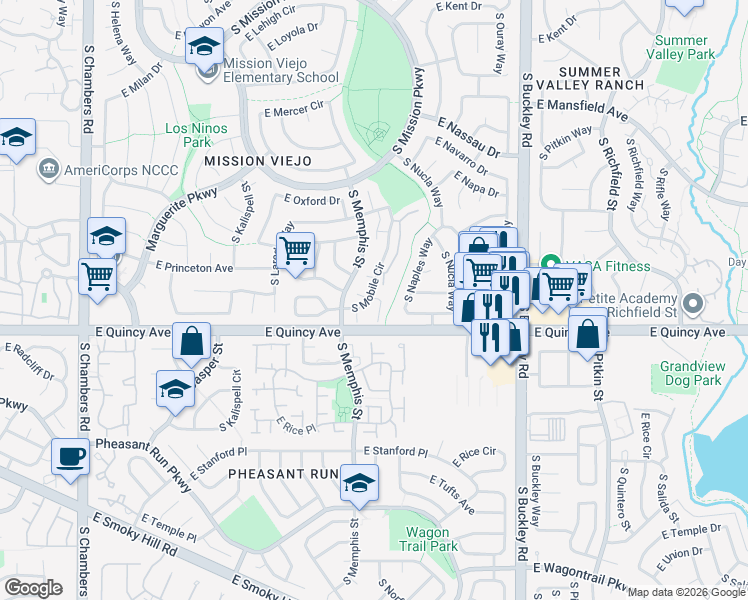 map of restaurants, bars, coffee shops, grocery stores, and more near 4242 South Mobile Circle in Aurora