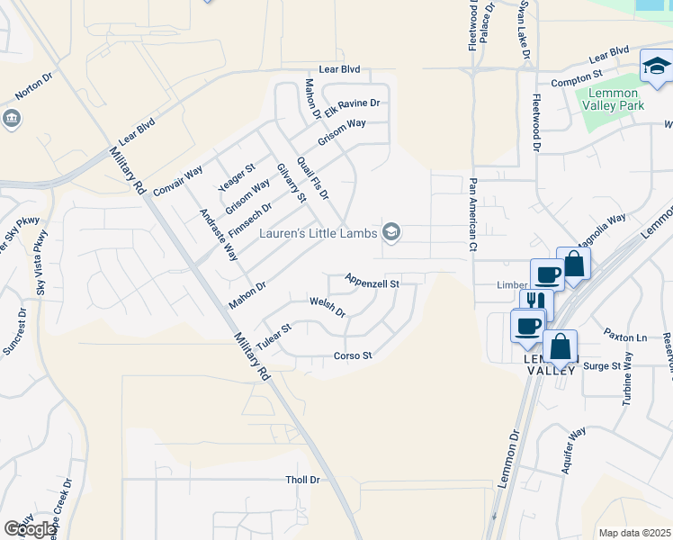 map of restaurants, bars, coffee shops, grocery stores, and more near 7650 Appenzell Street in Reno