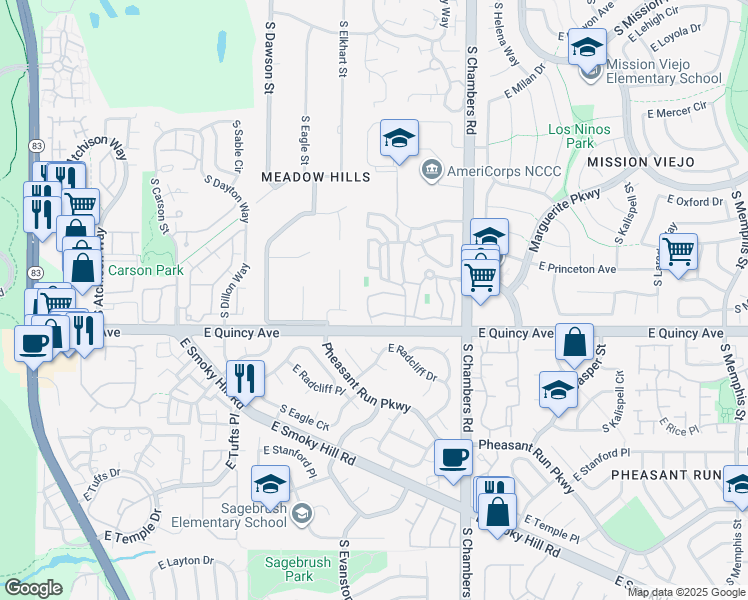 map of restaurants, bars, coffee shops, grocery stores, and more near 4232 South Fairplay Circle in Aurora