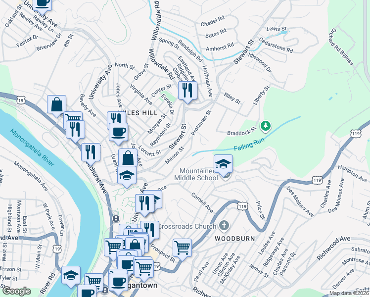 map of restaurants, bars, coffee shops, grocery stores, and more near 452 Protzman Street in Morgantown