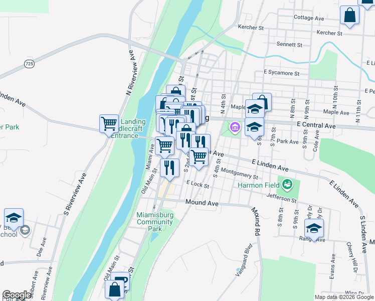 map of restaurants, bars, coffee shops, grocery stores, and more near 227 South 2nd Street in Miamisburg