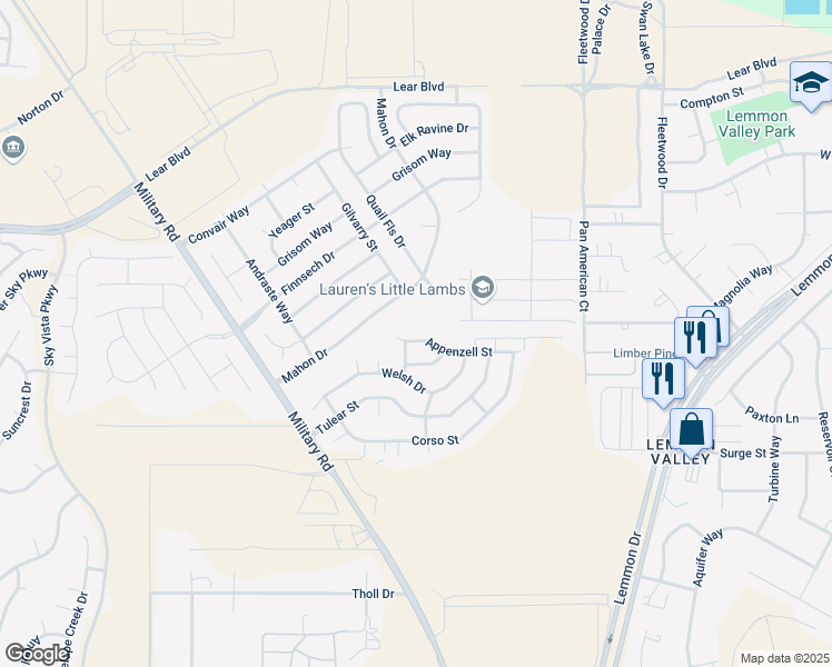 map of restaurants, bars, coffee shops, grocery stores, and more near 7650 Appenzell Street in Reno
