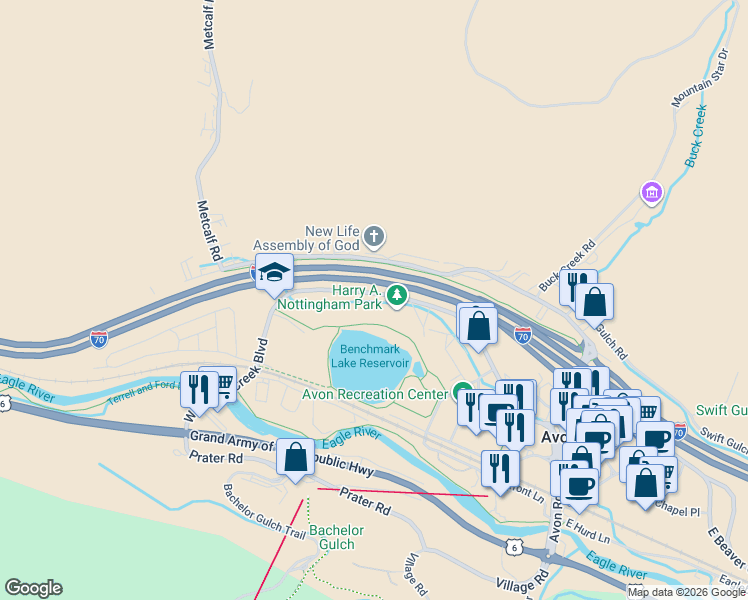 map of restaurants, bars, coffee shops, grocery stores, and more near 330C West Beaver Creek Boulevard in Avon