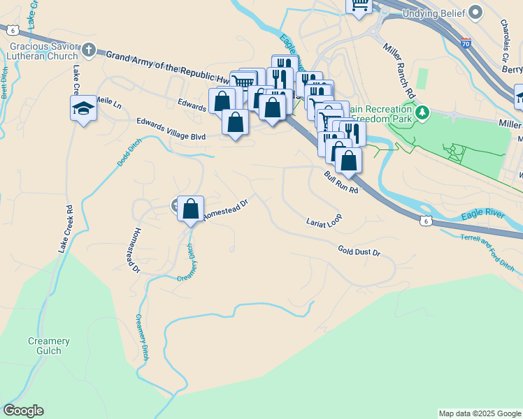 map of restaurants, bars, coffee shops, grocery stores, and more near 106 Cimarron Trail in Edwards