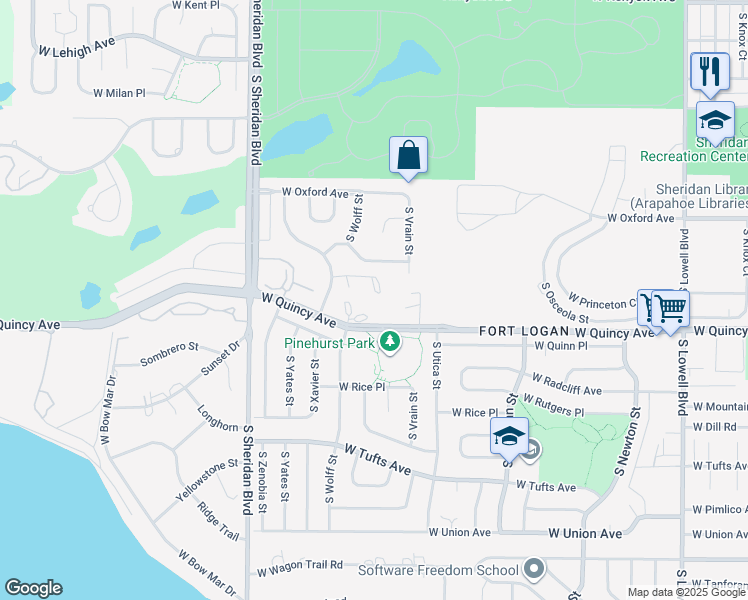 map of restaurants, bars, coffee shops, grocery stores, and more near 4725 West Quincy Avenue in Denver