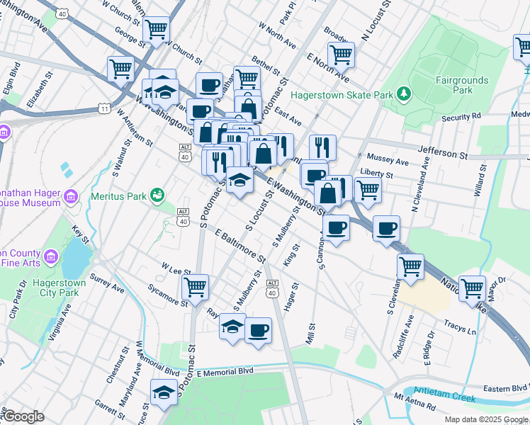 map of restaurants, bars, coffee shops, grocery stores, and more near 108 East Antietam Street in Hagerstown