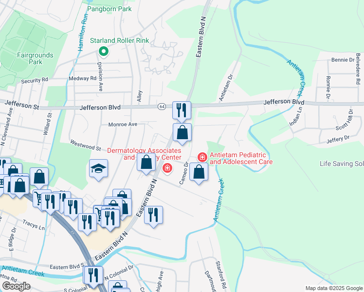 map of restaurants, bars, coffee shops, grocery stores, and more near 246 Eastern Boulevard North in Hagerstown