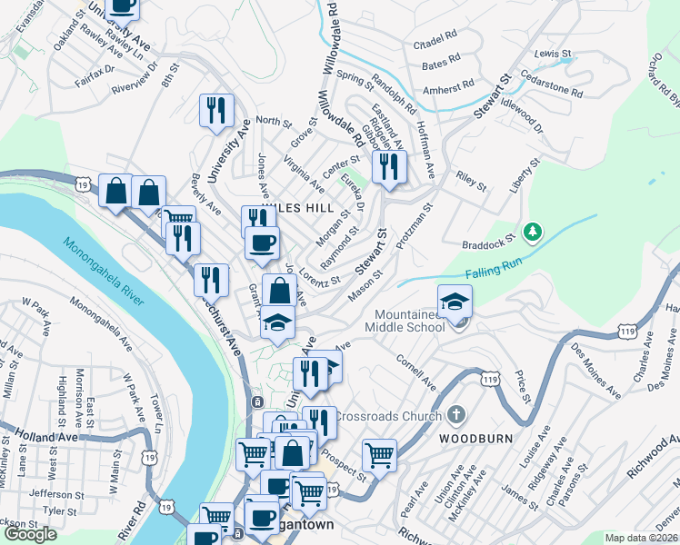 map of restaurants, bars, coffee shops, grocery stores, and more near 125 Lorentz Street in Morgantown