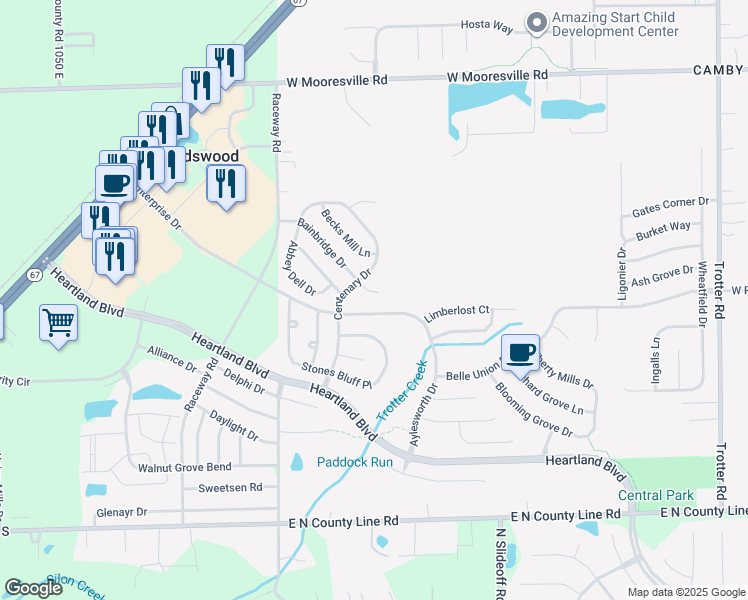 map of restaurants, bars, coffee shops, grocery stores, and more near 9047 Bainbridge Drive in Indianapolis