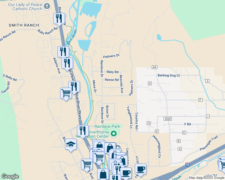 map of restaurants, bars, coffee shops, grocery stores, and more near 460 Palmers Drive in Silverthorne