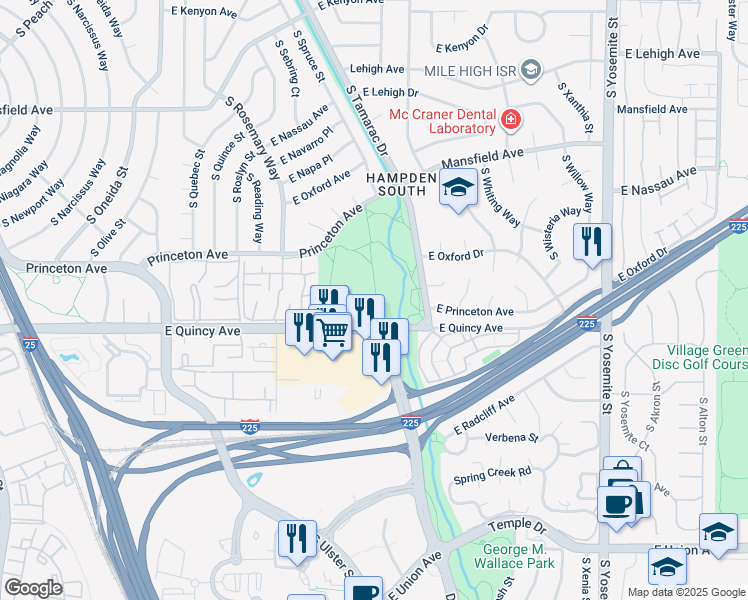 map of restaurants, bars, coffee shops, grocery stores, and more near 8051 East Quincy Avenue in Denver