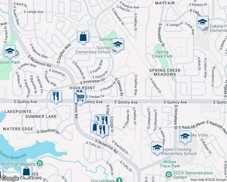 map of restaurants, bars, coffee shops, grocery stores, and more near 4294 South Fundy Way in Aurora
