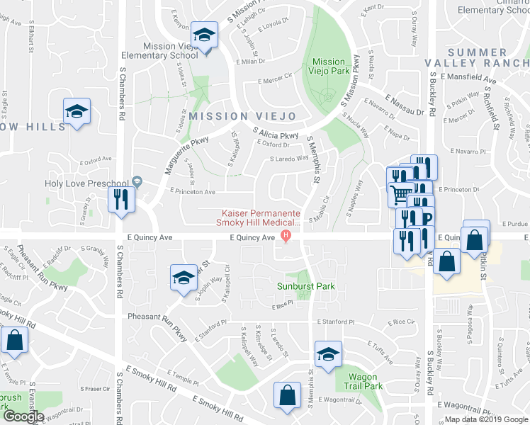 map of restaurants, bars, coffee shops, grocery stores, and more near 4283 South Laredo Way in Aurora
