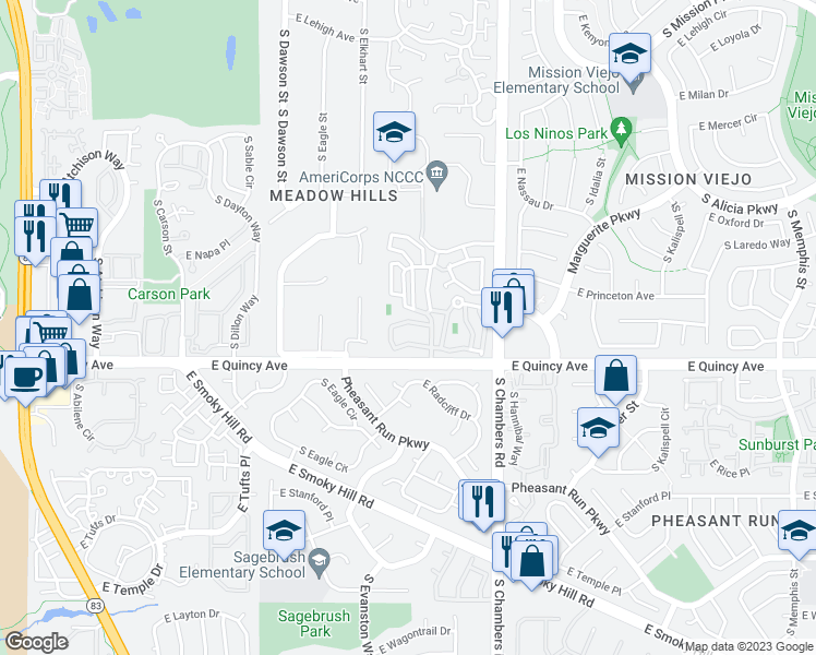 map of restaurants, bars, coffee shops, grocery stores, and more near 4282 South Fairplay Circle in Aurora