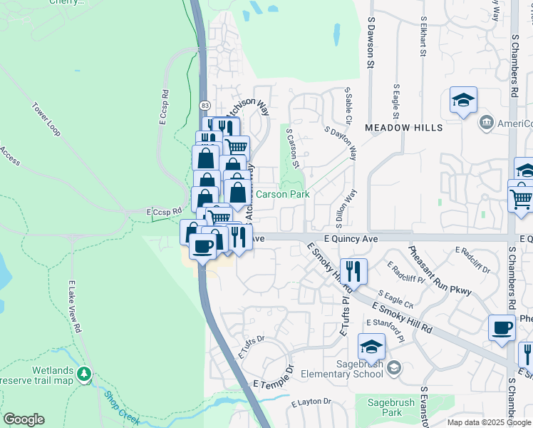 map of restaurants, bars, coffee shops, grocery stores, and more near 14055 East Quincy Avenue in Aurora