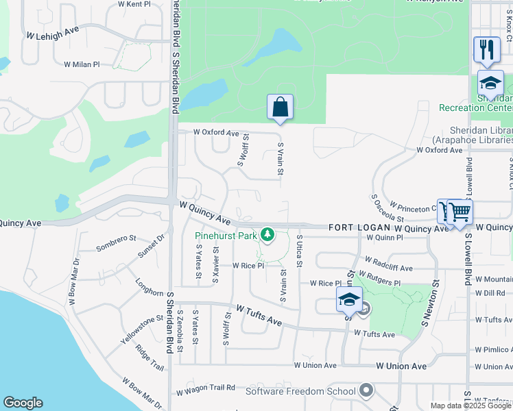 map of restaurants, bars, coffee shops, grocery stores, and more near 4725 West Quincy Avenue in Denver
