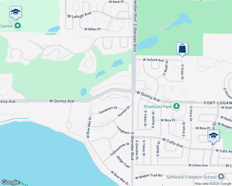 map of restaurants, bars, coffee shops, grocery stores, and more near 5650 West Quincy Avenue in Denver