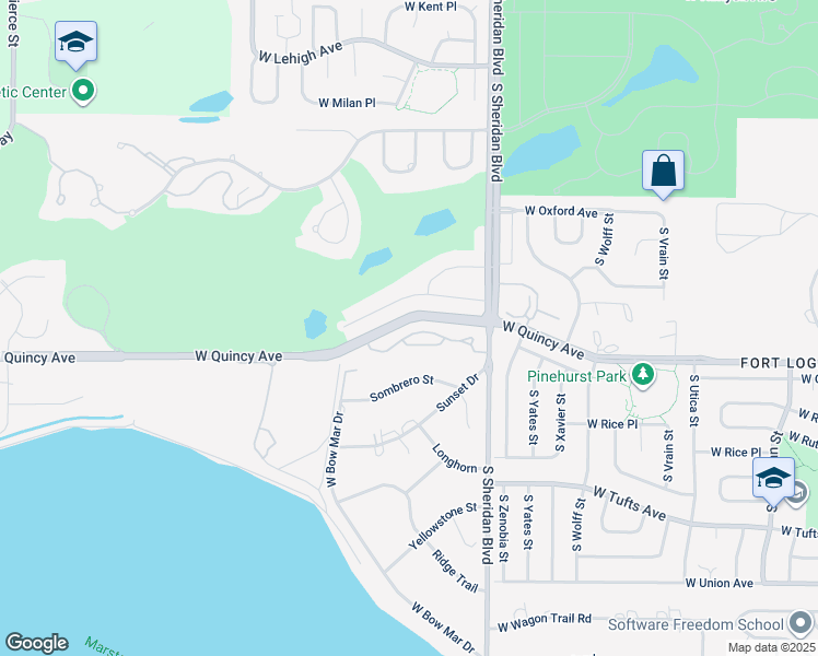 map of restaurants, bars, coffee shops, grocery stores, and more near 5650 West Quincy Avenue in Denver