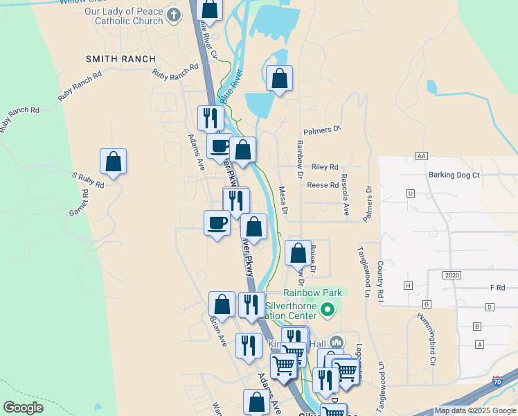 map of restaurants, bars, coffee shops, grocery stores, and more near 812-828 Blue River Parkway in Silverthorne