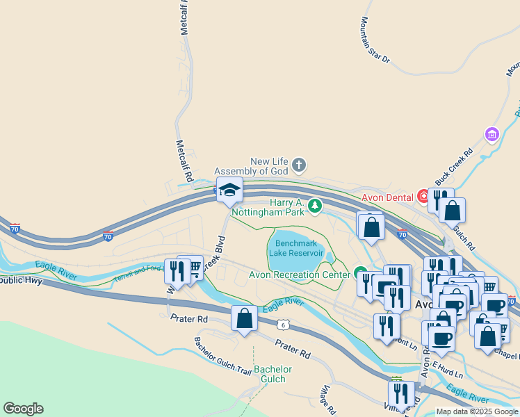 map of restaurants, bars, coffee shops, grocery stores, and more near 760 West Beaver Creek Boulevard in Avon