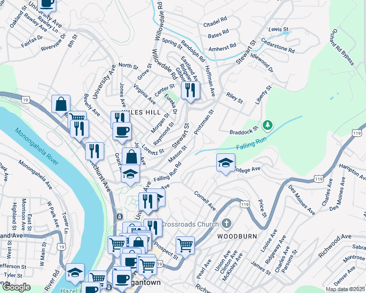 map of restaurants, bars, coffee shops, grocery stores, and more near 452 Protzman Street in Morgantown