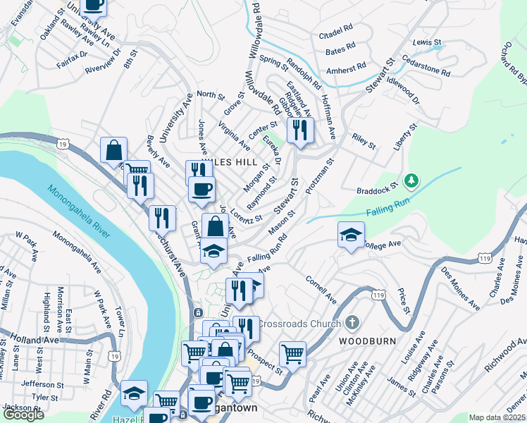 map of restaurants, bars, coffee shops, grocery stores, and more near 372 Stewart Street in Morgantown