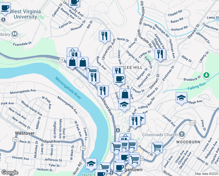 map of restaurants, bars, coffee shops, grocery stores, and more near 217 McLane Avenue in Morgantown