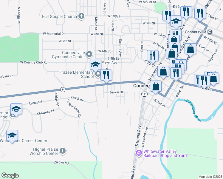 map of restaurants, bars, coffee shops, grocery stores, and more near 116 Huston Street in Connersville