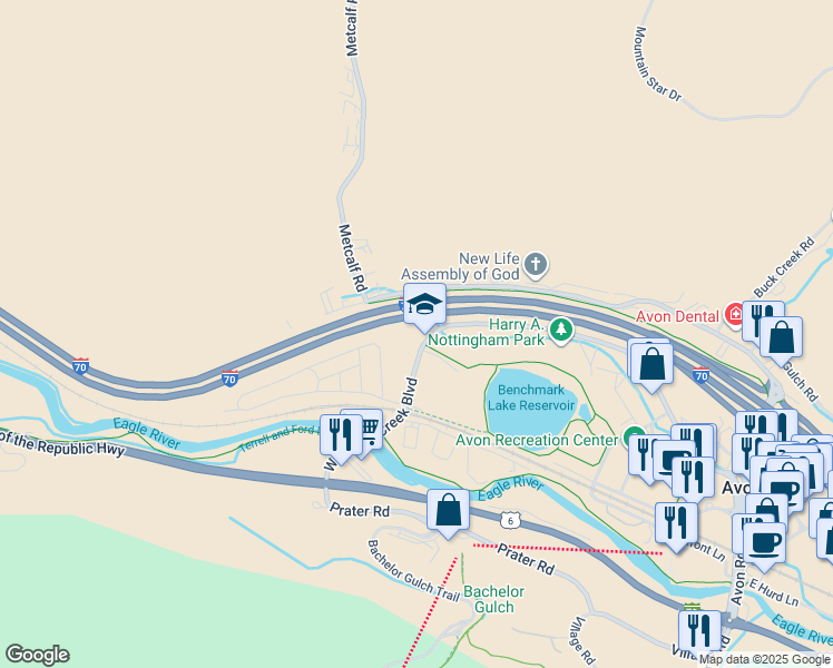 map of restaurants, bars, coffee shops, grocery stores, and more near 811 West Beaver Creek Boulevard in Avon