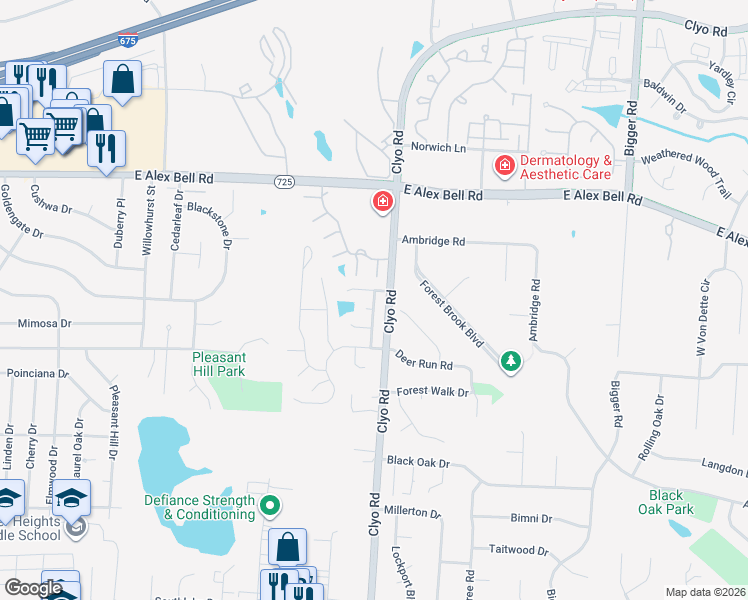 map of restaurants, bars, coffee shops, grocery stores, and more near 975 Elk Hollow Lane in Dayton