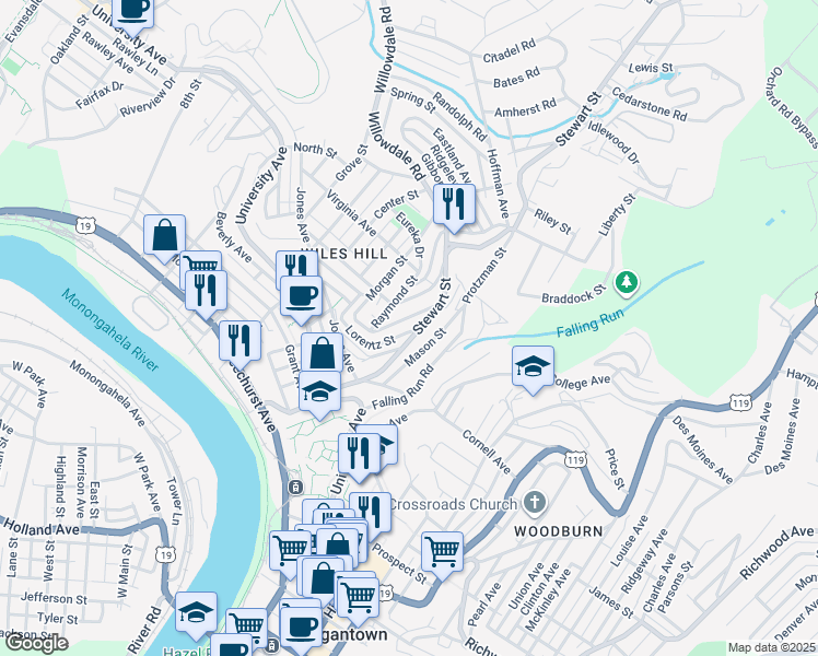 map of restaurants, bars, coffee shops, grocery stores, and more near 146 Lorentz Street in Morgantown