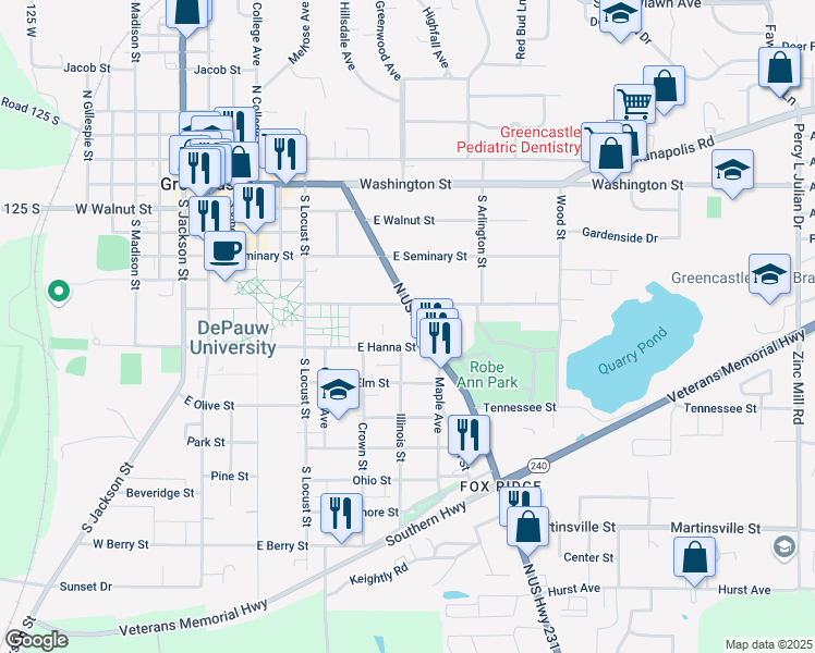 map of restaurants, bars, coffee shops, grocery stores, and more near 506-516 East Hanna Street in Greencastle