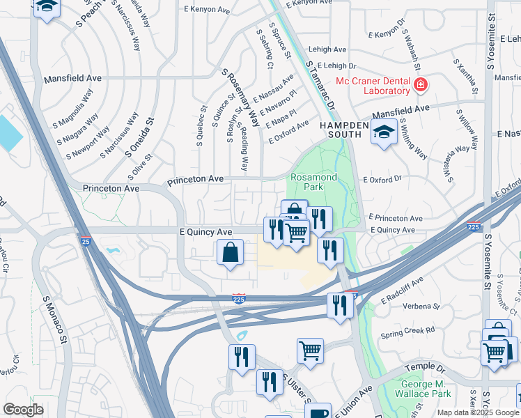 map of restaurants, bars, coffee shops, grocery stores, and more near 7755 East Quincy Avenue in Denver