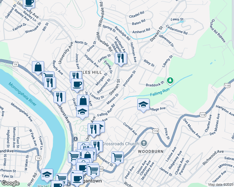 map of restaurants, bars, coffee shops, grocery stores, and more near 84 Mason Street in Morgantown