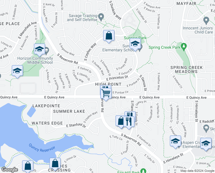 map of restaurants, bars, coffee shops, grocery stores, and more near 19341 East Purdue Circle in Aurora