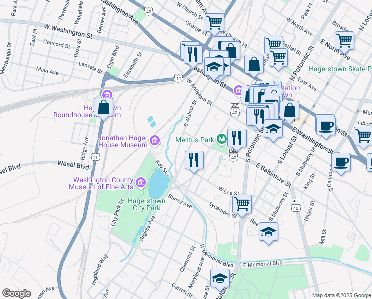 map of restaurants, bars, coffee shops, grocery stores, and more near 233 South Prospect Street in Hagerstown