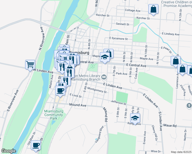 map of restaurants, bars, coffee shops, grocery stores, and more near 121 South 5th Street in Miamisburg