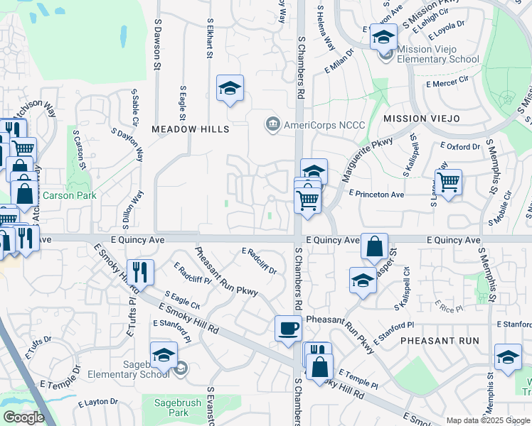 map of restaurants, bars, coffee shops, grocery stores, and more near in Aurora