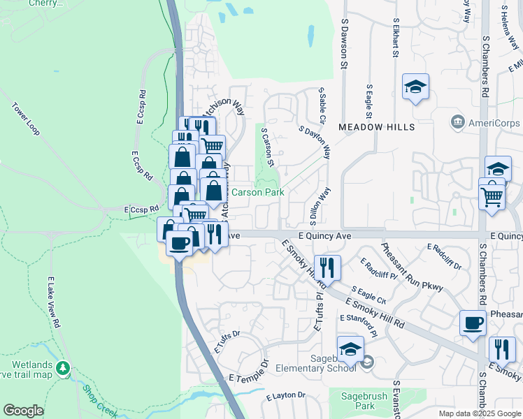 map of restaurants, bars, coffee shops, grocery stores, and more near 14055 East Quincy Avenue in Aurora
