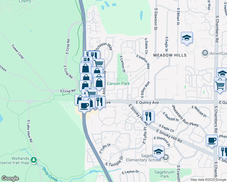map of restaurants, bars, coffee shops, grocery stores, and more near 14055 East Quincy Avenue in Aurora