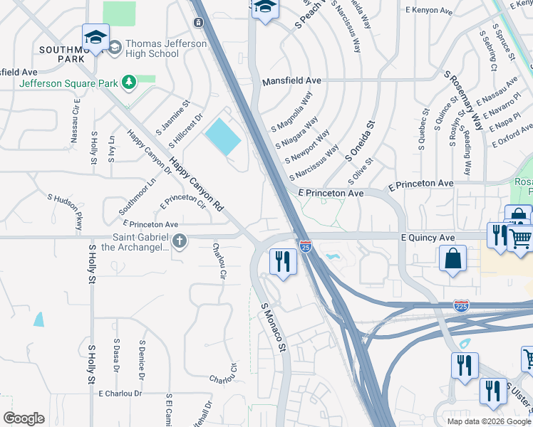 map of restaurants, bars, coffee shops, grocery stores, and more near 6522 East Quincy Avenue in Denver