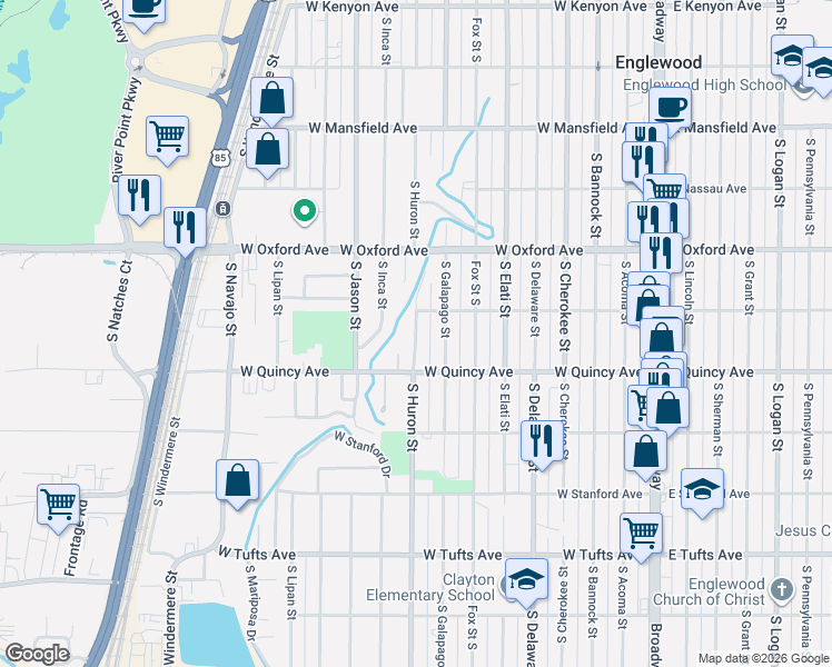 map of restaurants, bars, coffee shops, grocery stores, and more near 4274 South Huron Street in Englewood