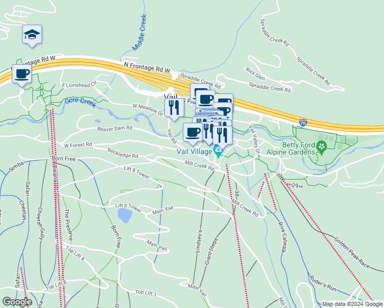 map of restaurants, bars, coffee shops, grocery stores, and more near 10 West Forest Road in Vail