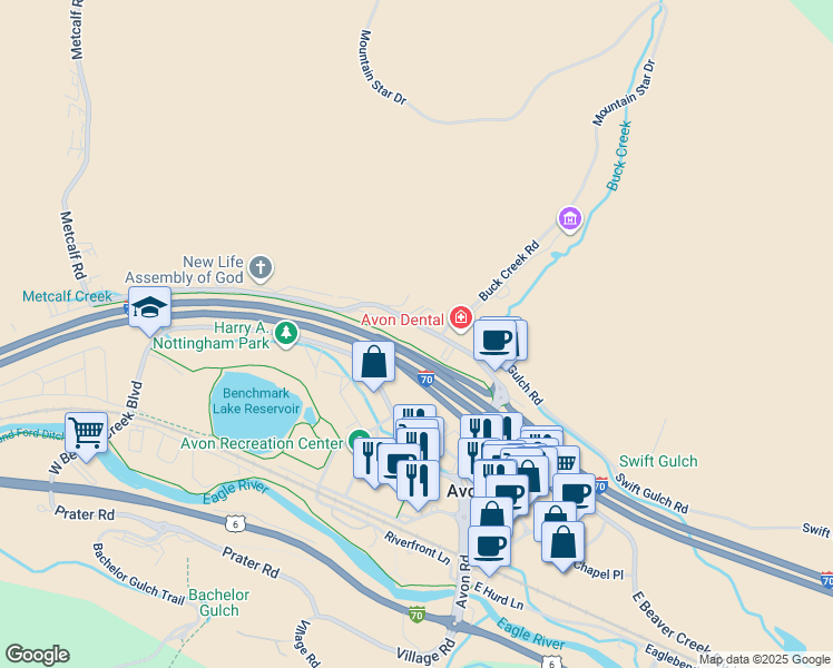 map of restaurants, bars, coffee shops, grocery stores, and more near Interstate 70 in Avon