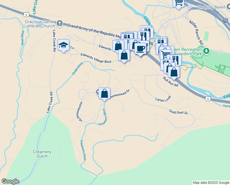 map of restaurants, bars, coffee shops, grocery stores, and more near 76 Cimarron Trail in Edwards