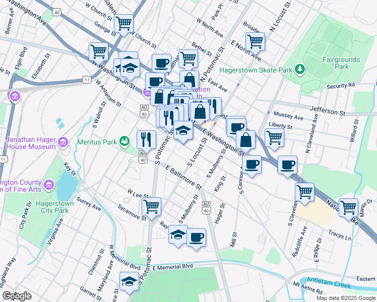 map of restaurants, bars, coffee shops, grocery stores, and more near 55 East Antietam Street in Hagerstown