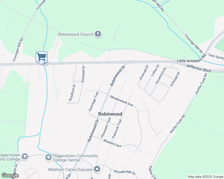 map of restaurants, bars, coffee shops, grocery stores, and more near 11911 Robinwood Drive in Hagerstown