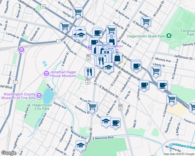 map of restaurants, bars, coffee shops, grocery stores, and more near 138 South Potomac Street in Hagerstown